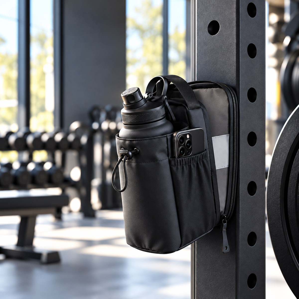 Black Spotted Bag on a steel gym rack; demonstration accessories not included