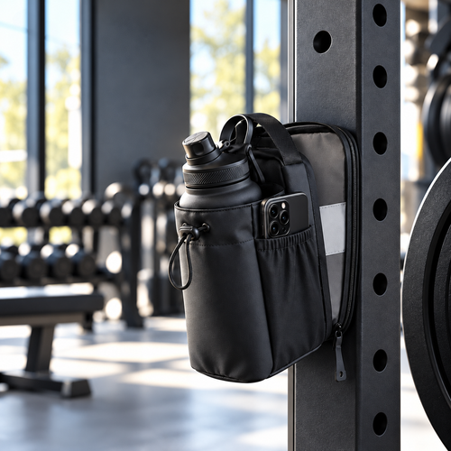 Black Spotted Bag on a steel gym rack; demonstration accessories not included