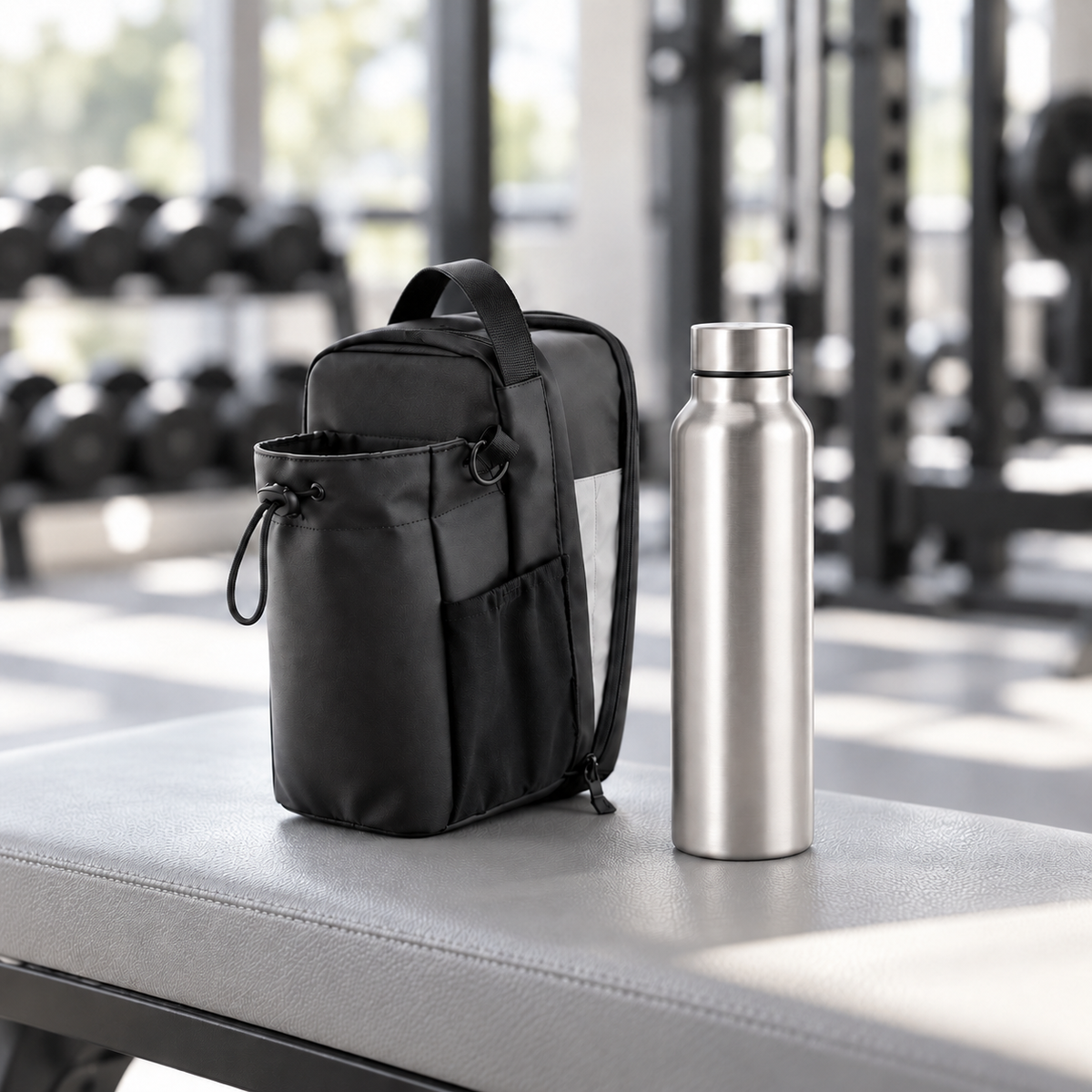 black magnetic gym bag with the optional steel bottle standing separately beside it