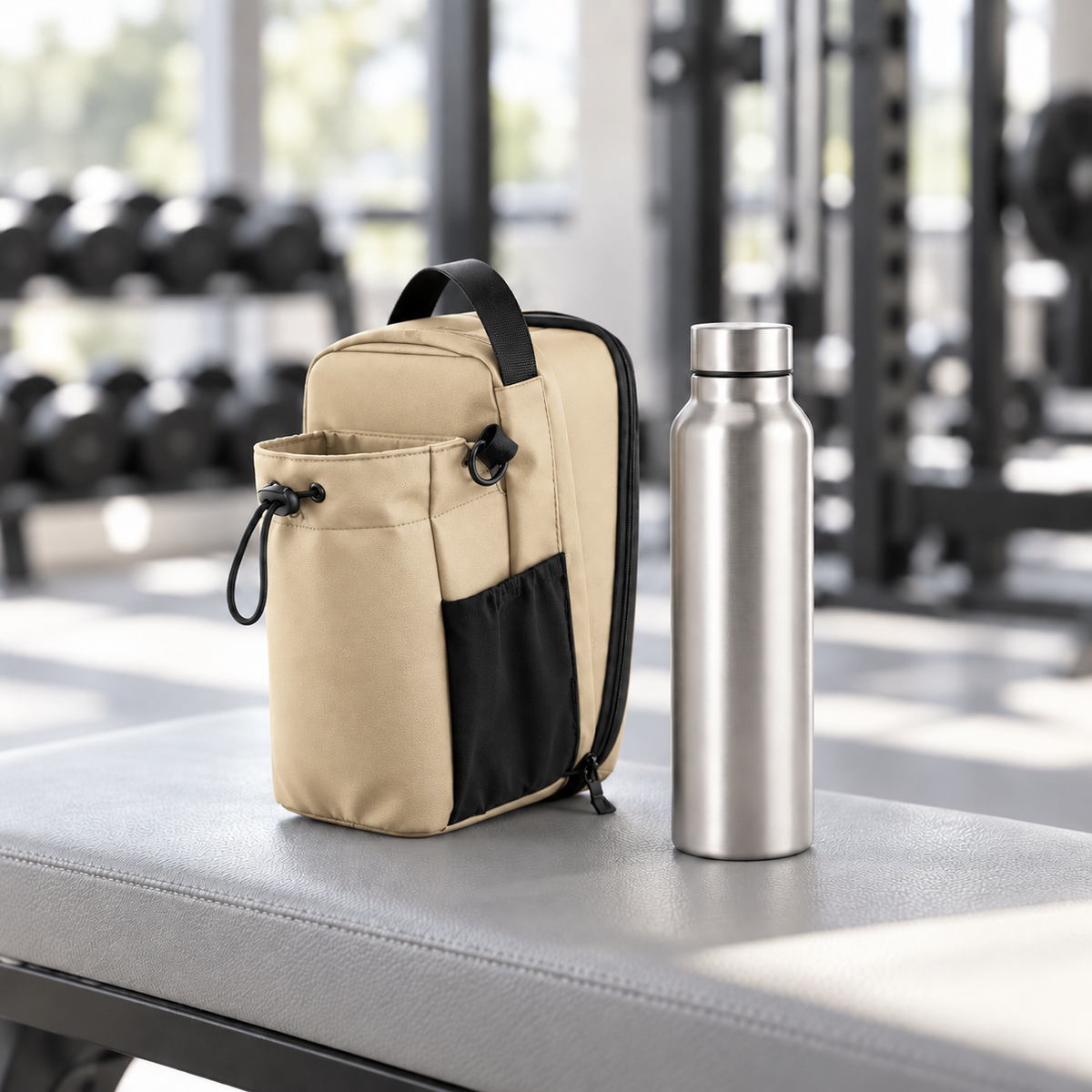 cream magnetic gym bag with the optional steel bottle standing separately beside it