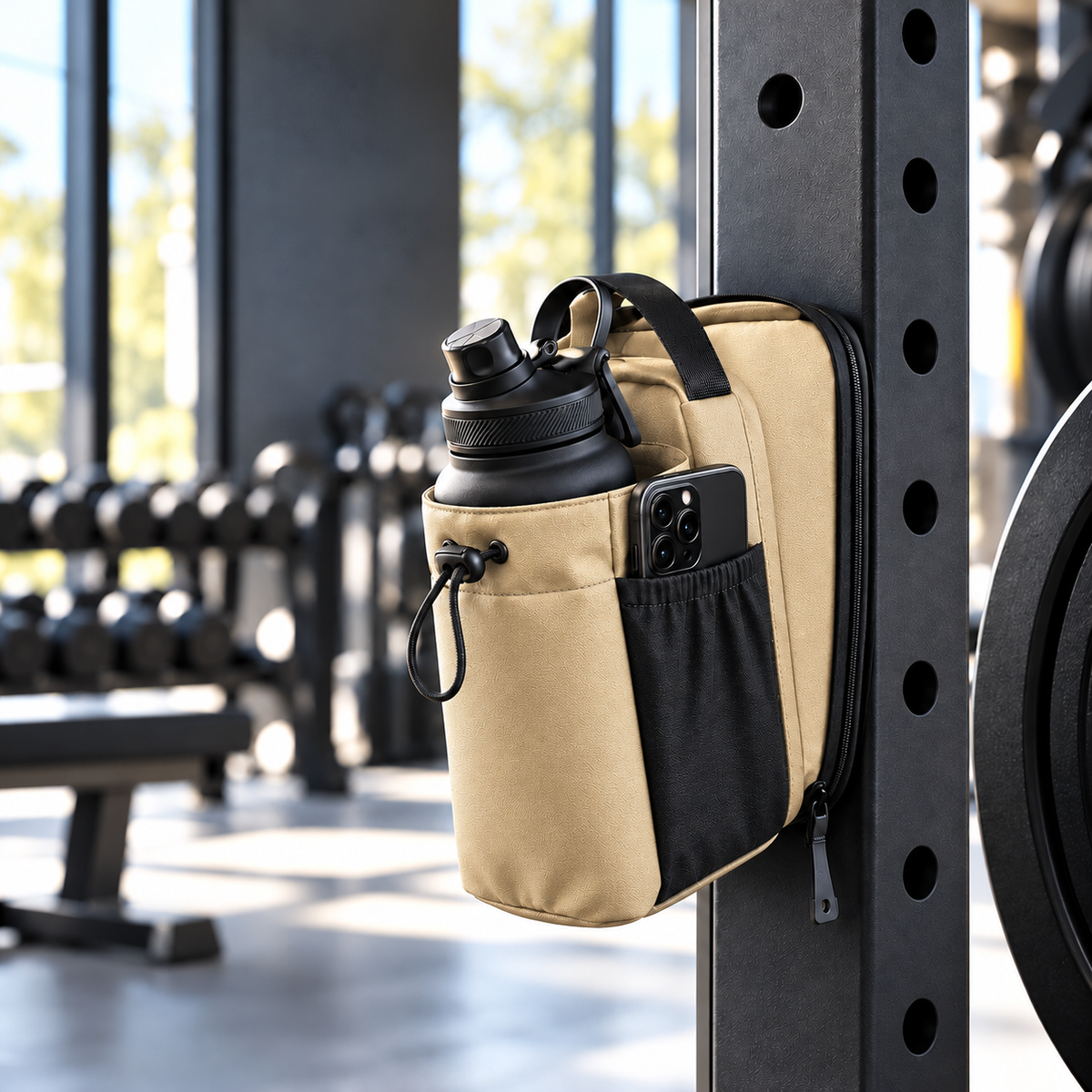 Cream Spotted Bag on a steel gym rack; demonstration accessories not included