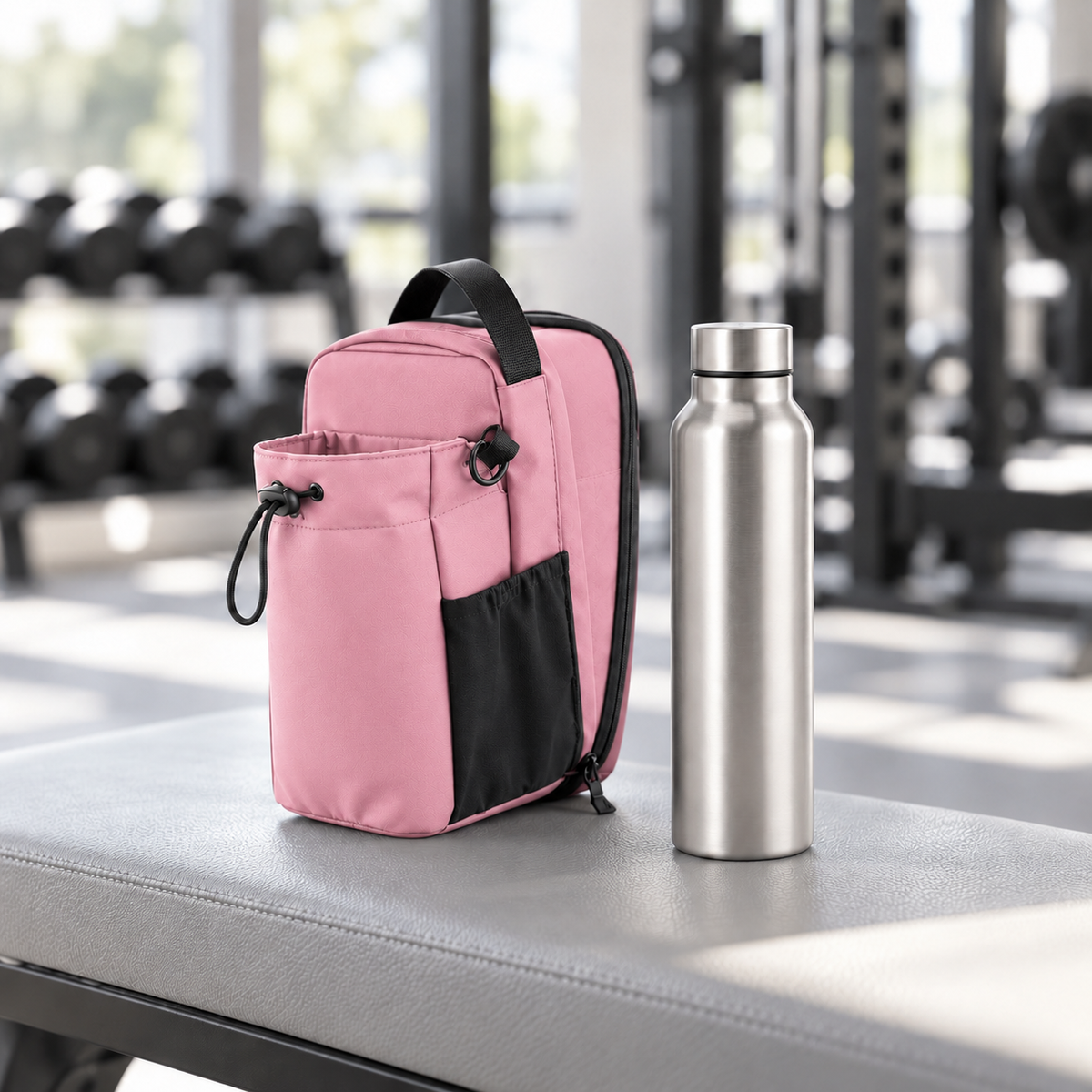 pink magnetic gym bag with the optional steel bottle standing separately beside it