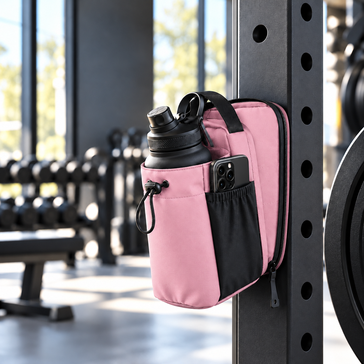 Pink Spotted Bag on a steel gym rack; demonstration accessories not included